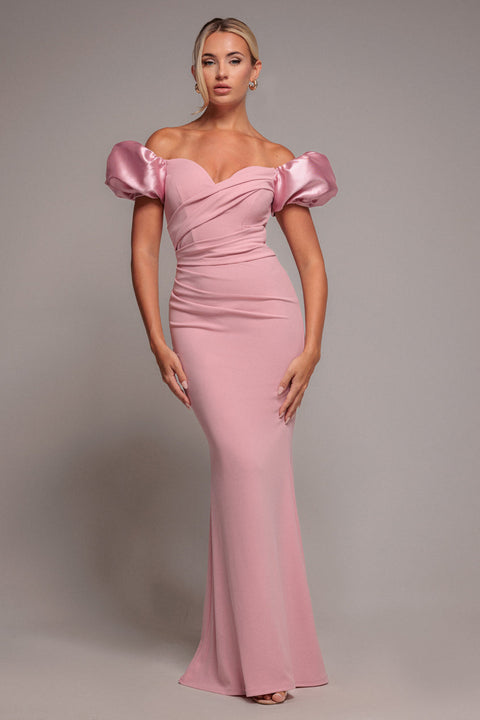 Goddiva Puffy Satin  Sleeve Scuba Maxi Dress - Blush Pink