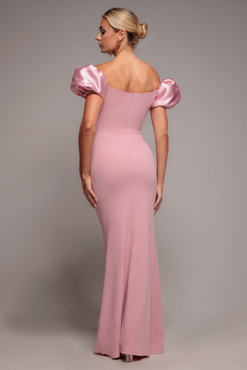 Goddiva Puffy Satin  Sleeve Scuba Maxi Dress - Blush Pink