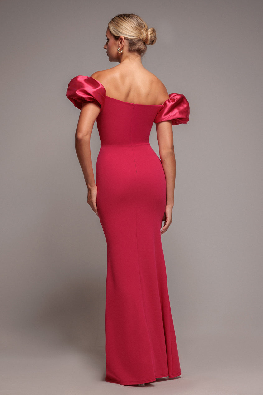 Goddiva Puffy Satin  Sleeve Scuba Maxi Dress - Magenta