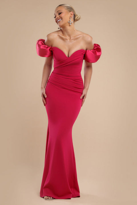 Goddiva Puffy Satin  Sleeve Scuba Maxi Dress - Magenta