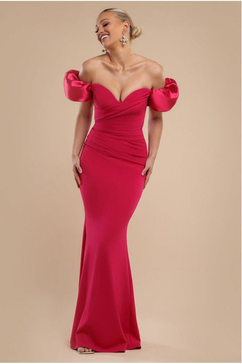 Goddiva Puffy Satin  Sleeve Scuba Maxi Dress - Magenta