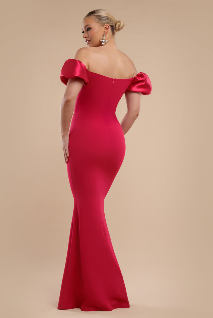 Goddiva Puffy Satin  Sleeve Scuba Maxi Dress - Magenta