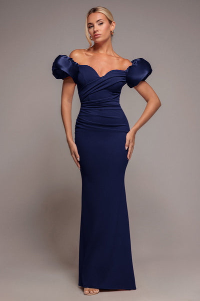 Navy - Goddiva Puffy Satin  Sleeve Scuba Maxi Dress - Navy Blue