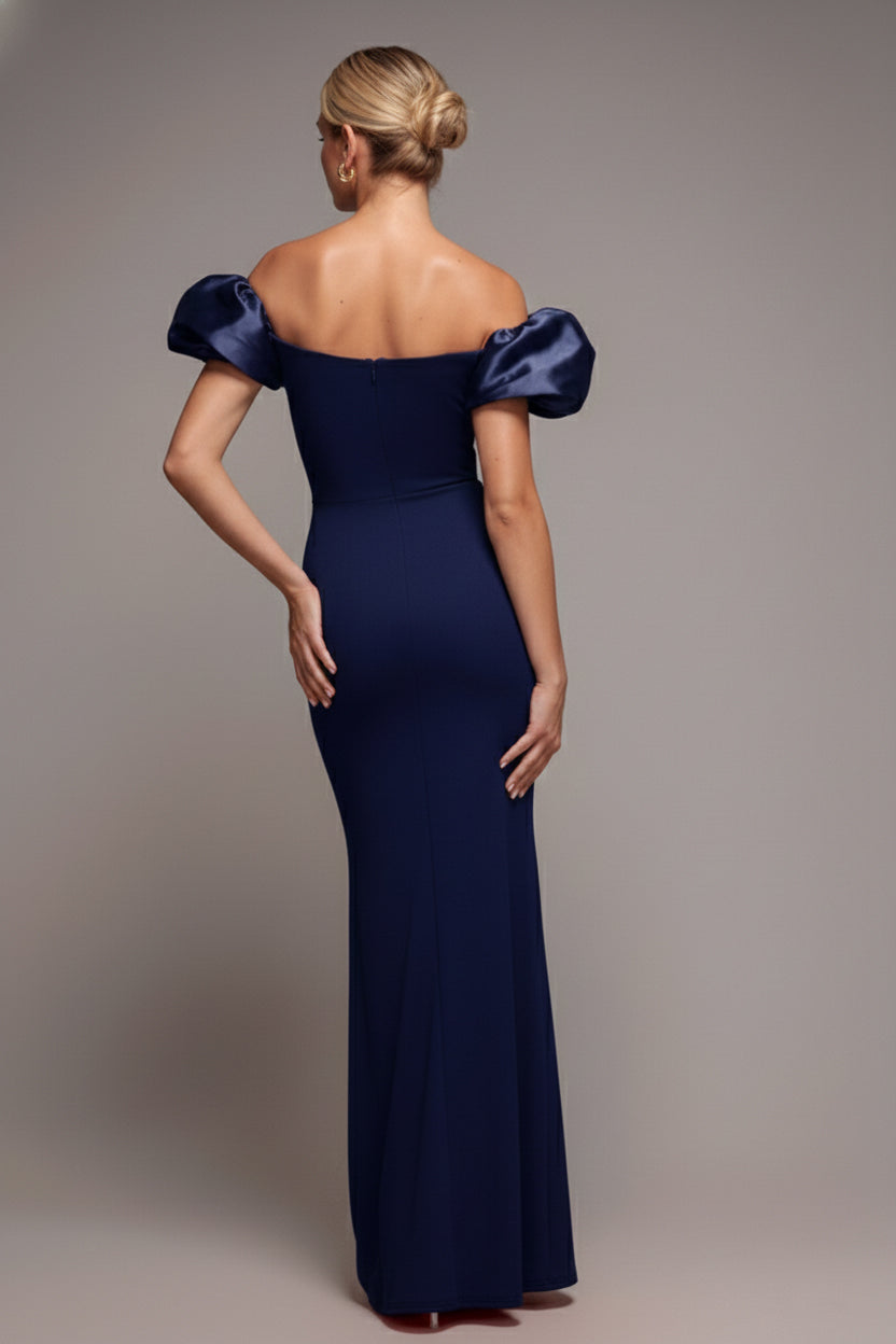 Goddiva Puffy Satin  Sleeve Scuba Maxi Dress - Navy Blue