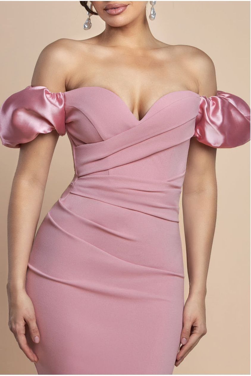 Goddiva Puffy Satin  Sleeve Scuba Maxi Dress - Blush Pink