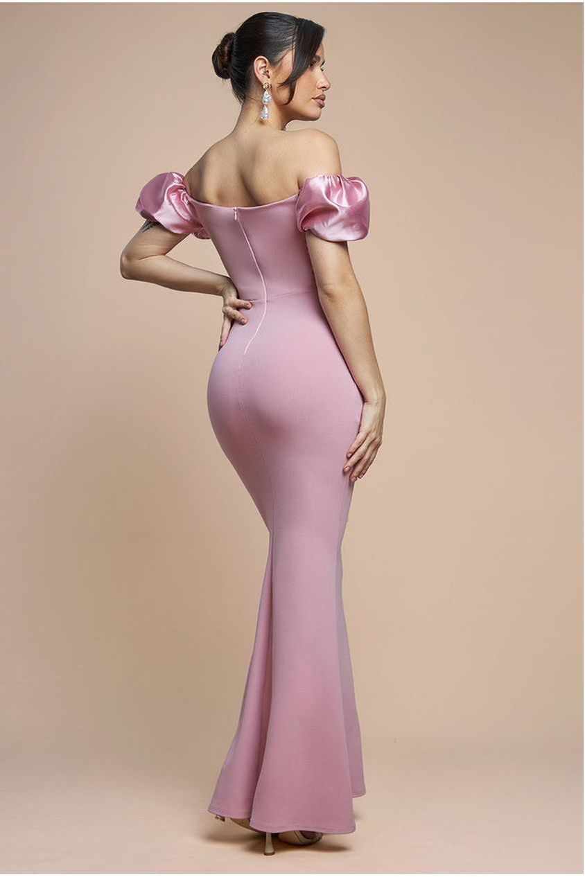 Goddiva Puffy Satin  Sleeve Scuba Maxi Dress - Blush Pink