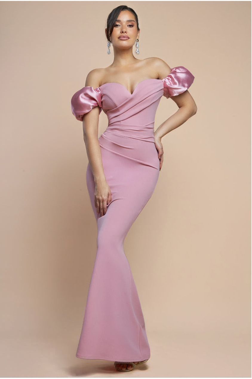 Goddiva Puffy Satin  Sleeve Scuba Maxi Dress - Blush Pink
