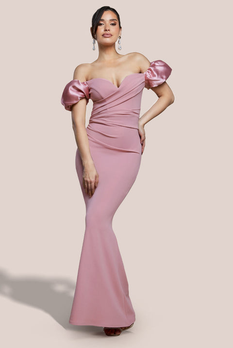 Goddiva Puffy Satin  Sleeve Scuba Maxi Dress - Blush Pink