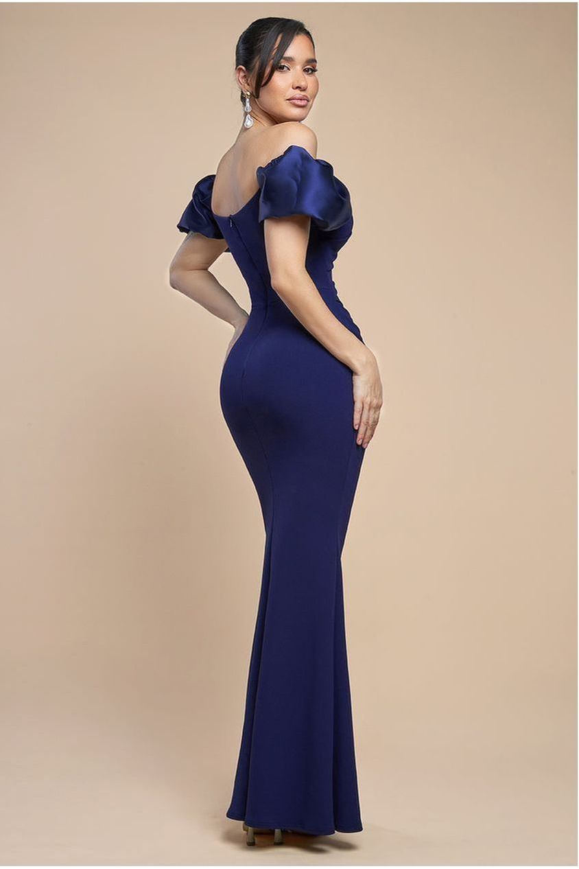 Goddiva Puffy Satin  Sleeve Scuba Maxi Dress - Navy Blue