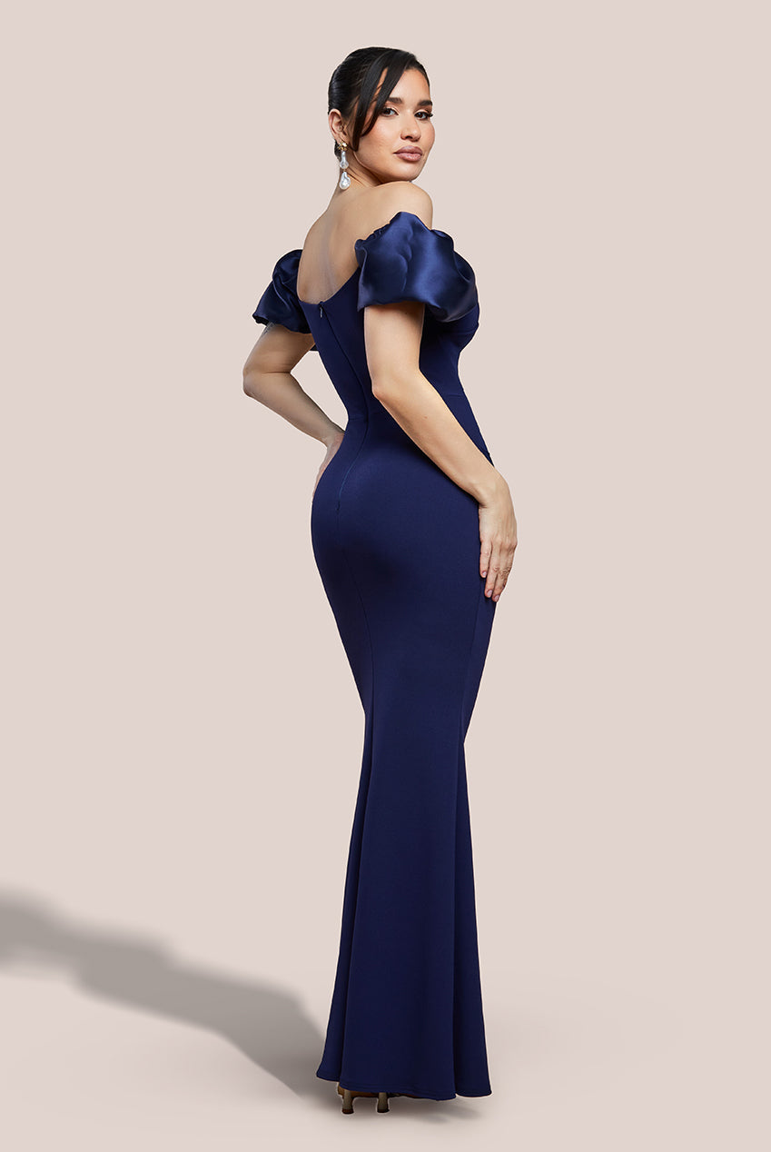 Goddiva Puffy Satin  Sleeve Scuba Maxi Dress - Navy Blue