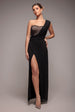 Goddiva One Shoulder Diamante Chiffon Evening Maxi Dress - Black