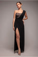 Goddiva One Shoulder Diamante Chiffon Evening Maxi Dress - Black