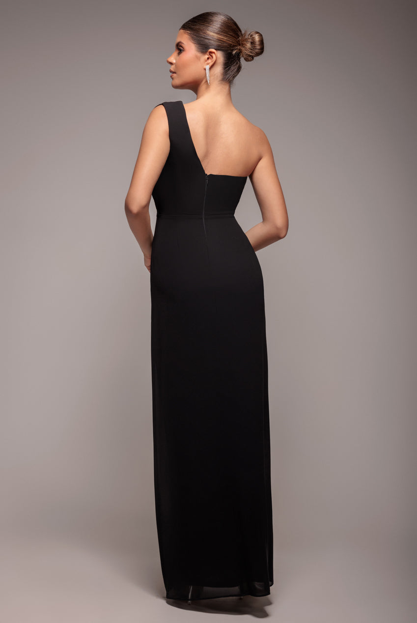 Goddiva One Shoulder Diamante Chiffon Evening Maxi Dress - Black