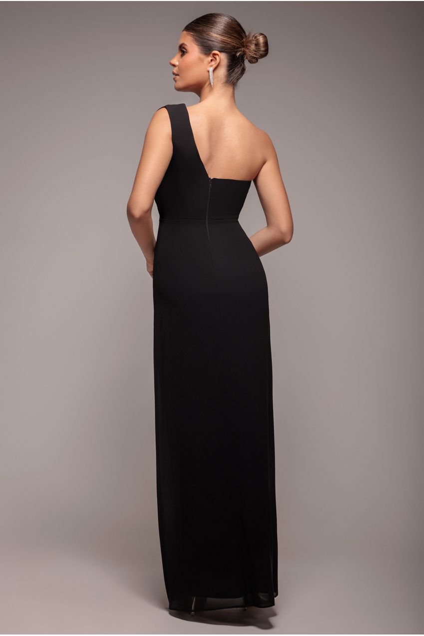 Goddiva One Shoulder Diamante Chiffon Evening Maxi Dress - Black