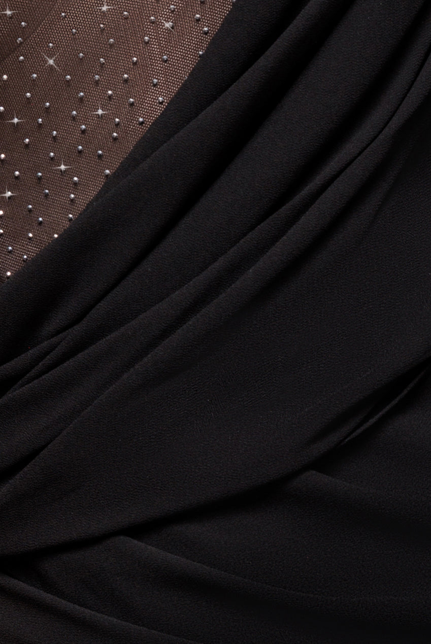 Goddiva One Shoulder Diamante Chiffon Evening Maxi Dress - Black