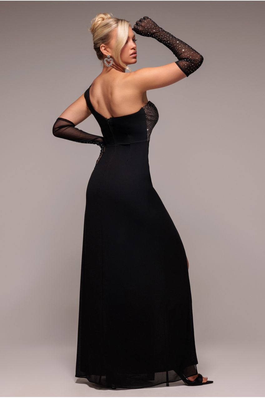 Goddiva One Shoulder Diamante Chiffon Evening Maxi Dress - Black