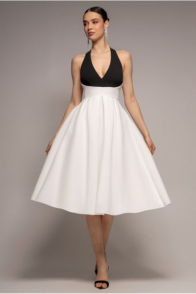 Goddiva Contrast  Halter Neck Pleated A Line Midaxi Dress - Black Cream