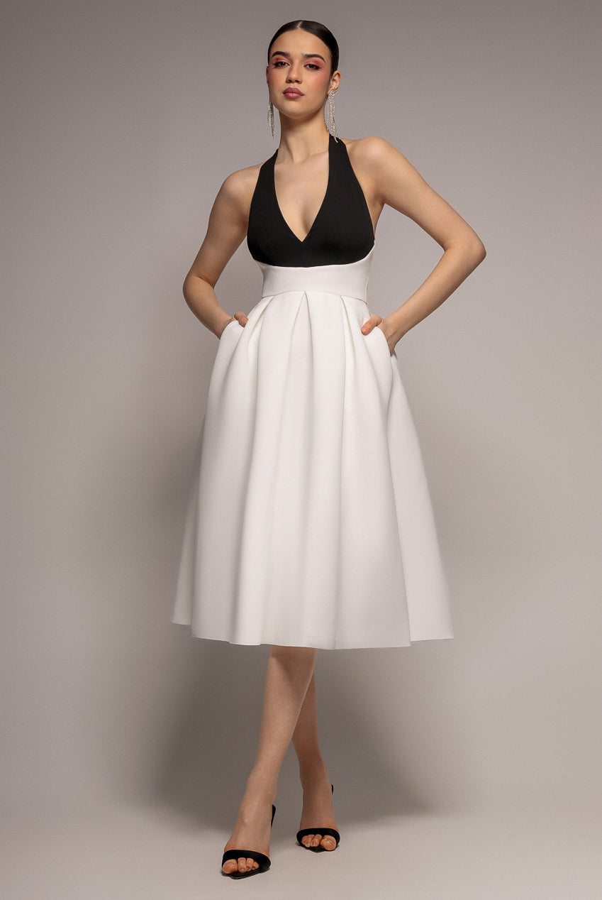 Goddiva Contrast  Halter Neck Pleated A Line Midaxi Dress - Black Cream