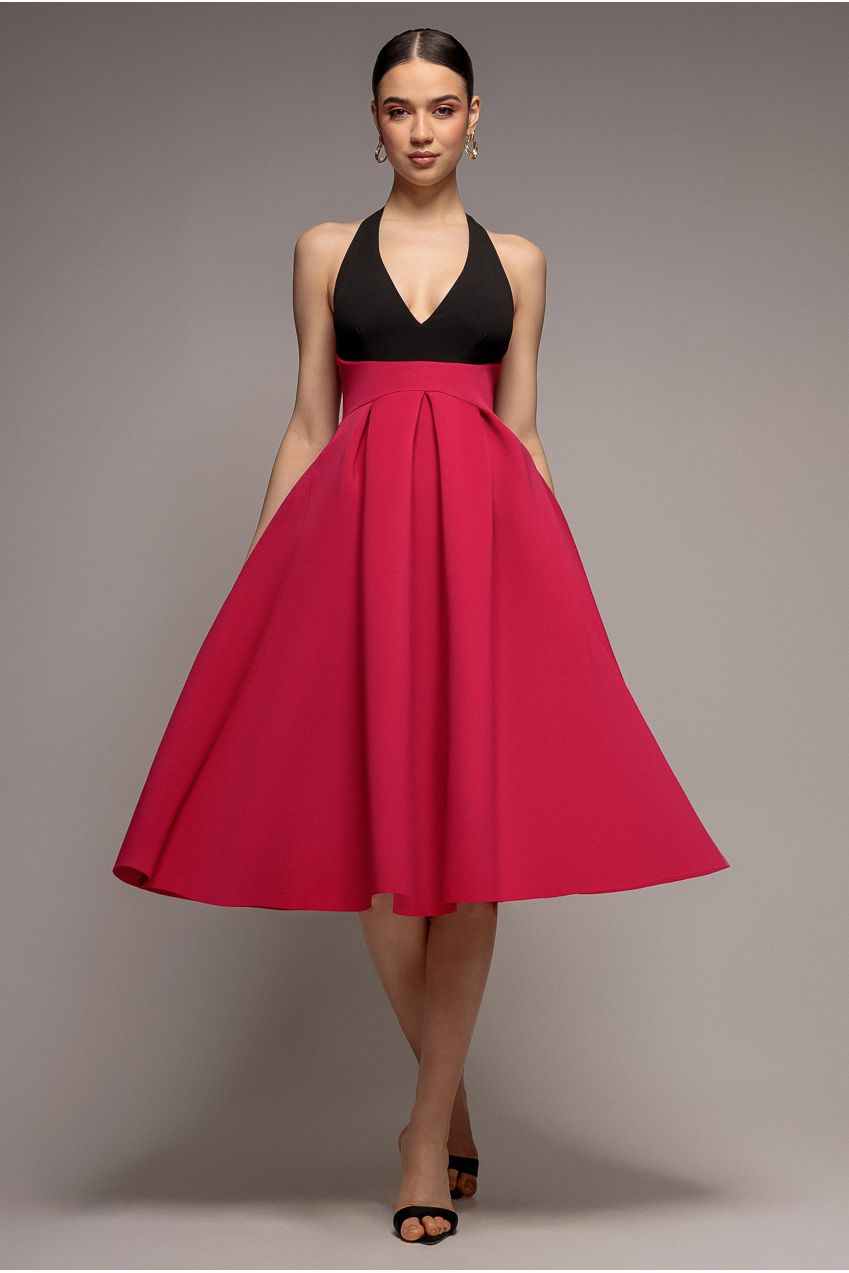 Goddiva Contrast  Halter Neck Pleated A-Line Midaxi Dress - Black Magenta