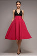 Goddiva Contrast  Halter Neck Pleated A-Line Midaxi Dress - Black Magenta