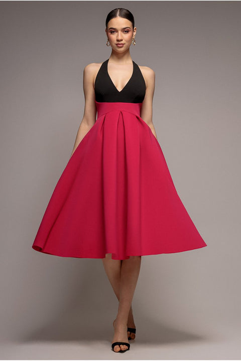 Goddiva Contrast  Halter Neck Pleated A-Line Midaxi Dress - Black Magenta