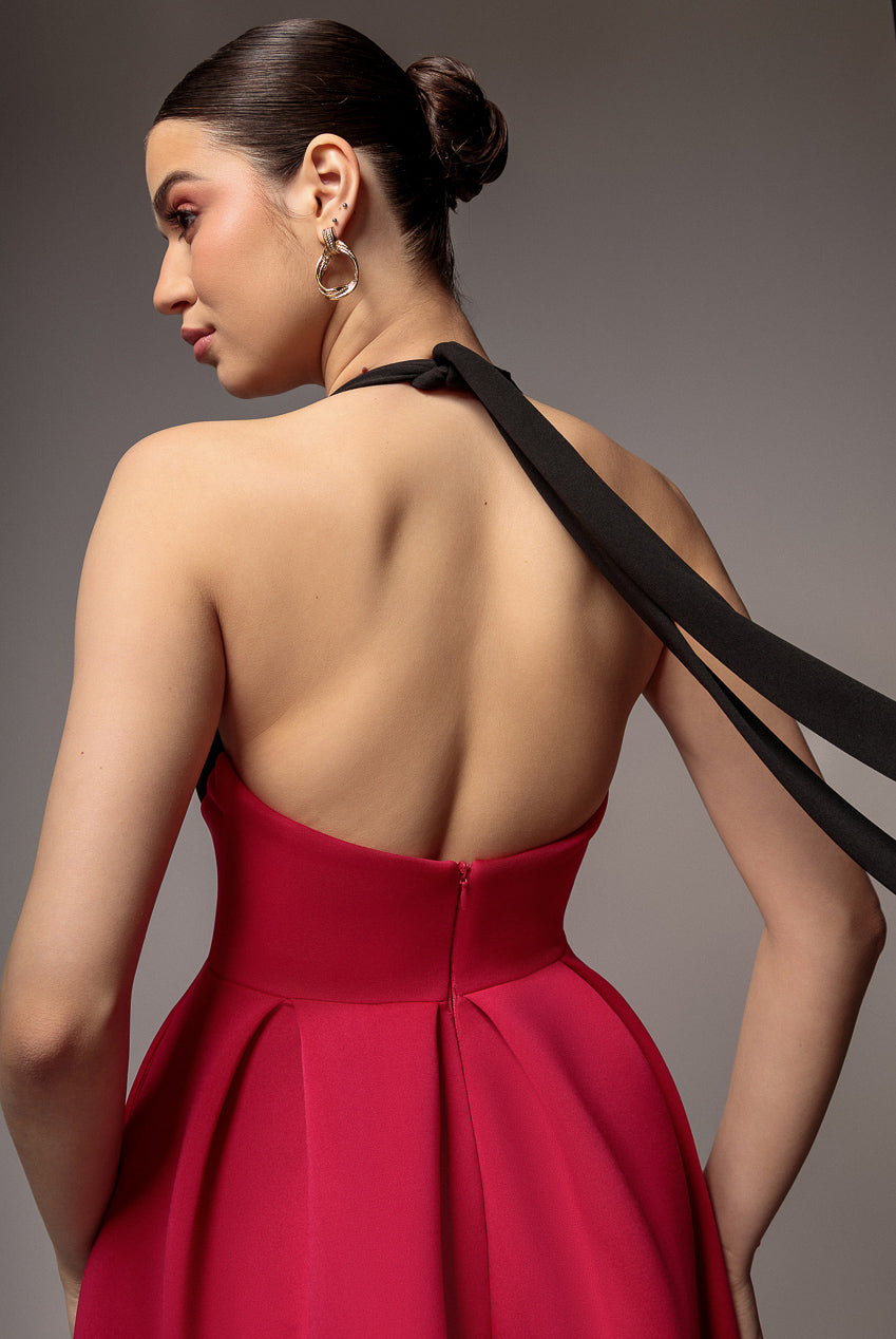 Goddiva Contrast  Halter Neck Pleated A-Line Midaxi Dress - Black Magenta