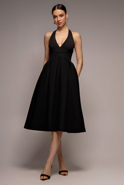 Black - Goddiva Halter Neck Pleated A-Line Midaxi Dress - Black