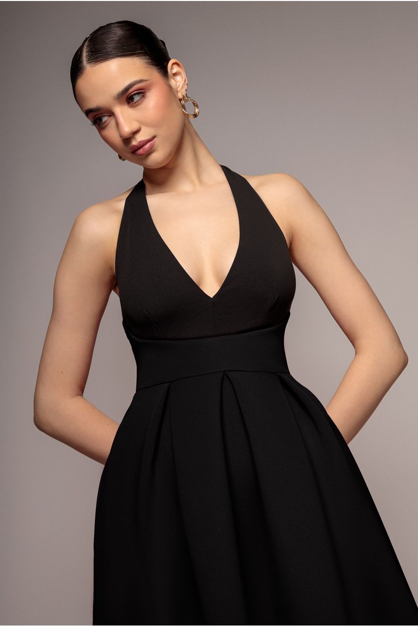 Goddiva Halter Neck Pleated A-Line Midaxi Dress - Black