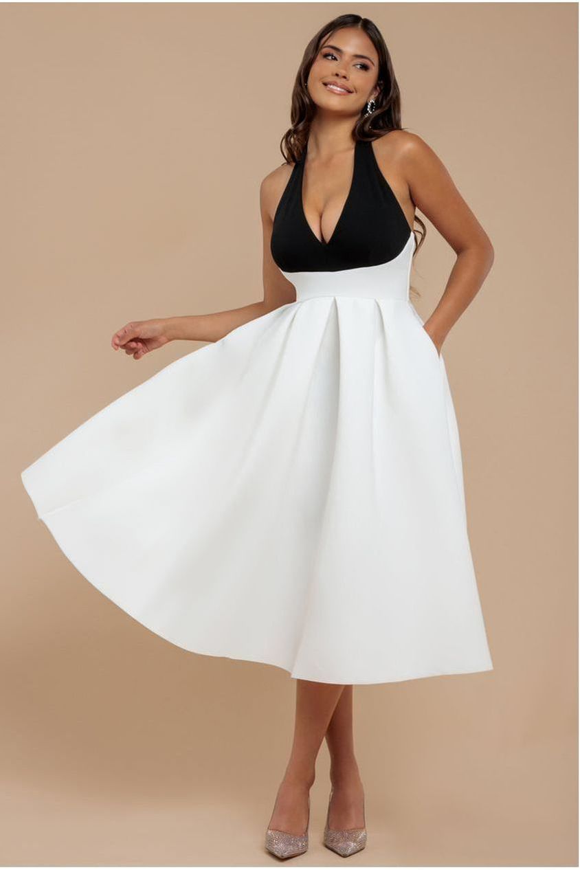 Goddiva Contrast  Halter Neck Pleated A-Line Midaxi Dress - Black Cream