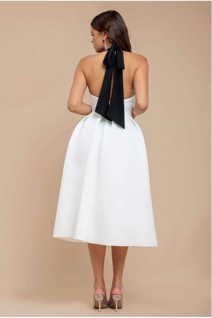 Goddiva Contrast  Halter Neck Pleated A-Line Midaxi Dress - Black Cream