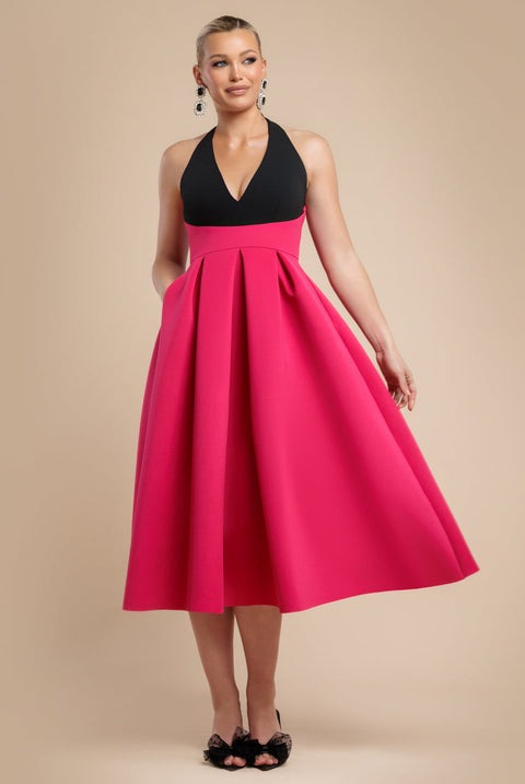 Goddiva Contrast  Halter Neck Pleated A-Line Midaxi Dress - Black Magenta