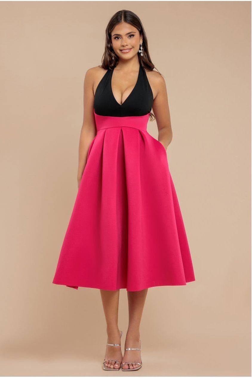Goddiva Contrast  Halter Neck Pleated A-Line Midaxi Dress - Black Magenta