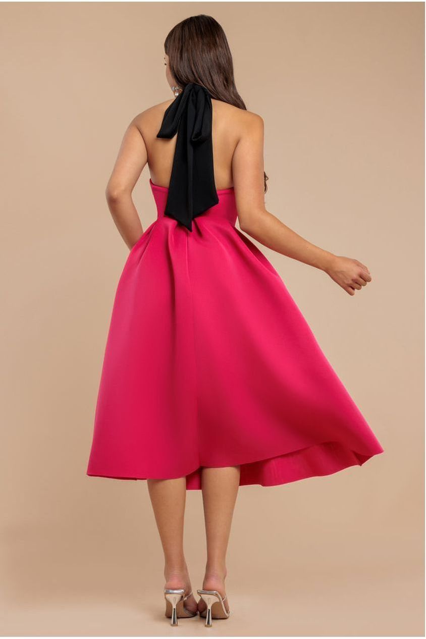 Goddiva Contrast  Halter Neck Pleated A-Line Midaxi Dress - Black Magenta