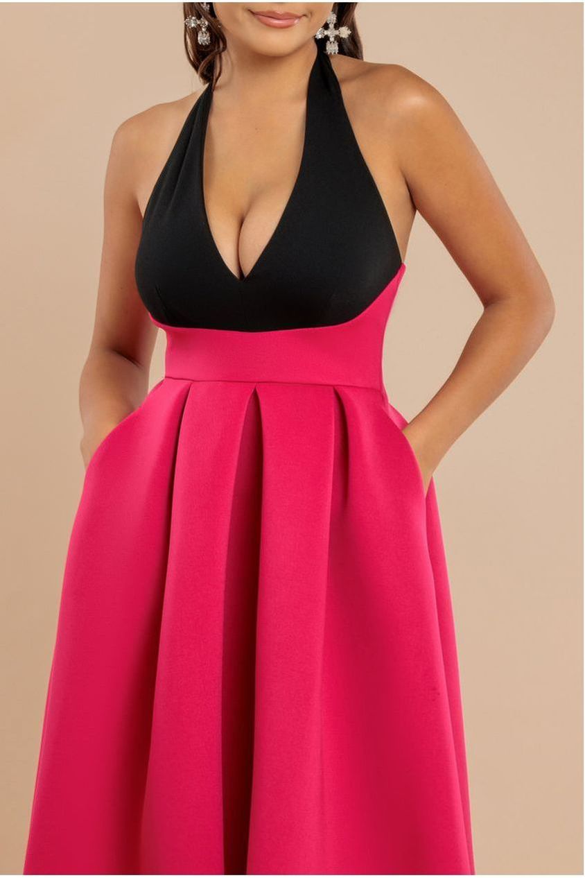 Goddiva Contrast  Halter Neck Pleated A-Line Midaxi Dress - Black Magenta