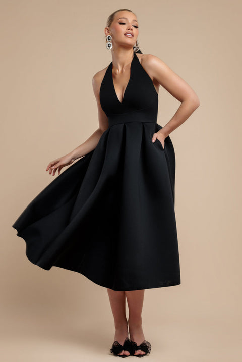 Goddiva Halter Neck Pleated A-Line Midaxi Dress - Black