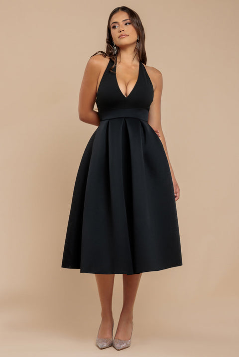 Goddiva Halter Neck Pleated A-Line Midaxi Dress - Black