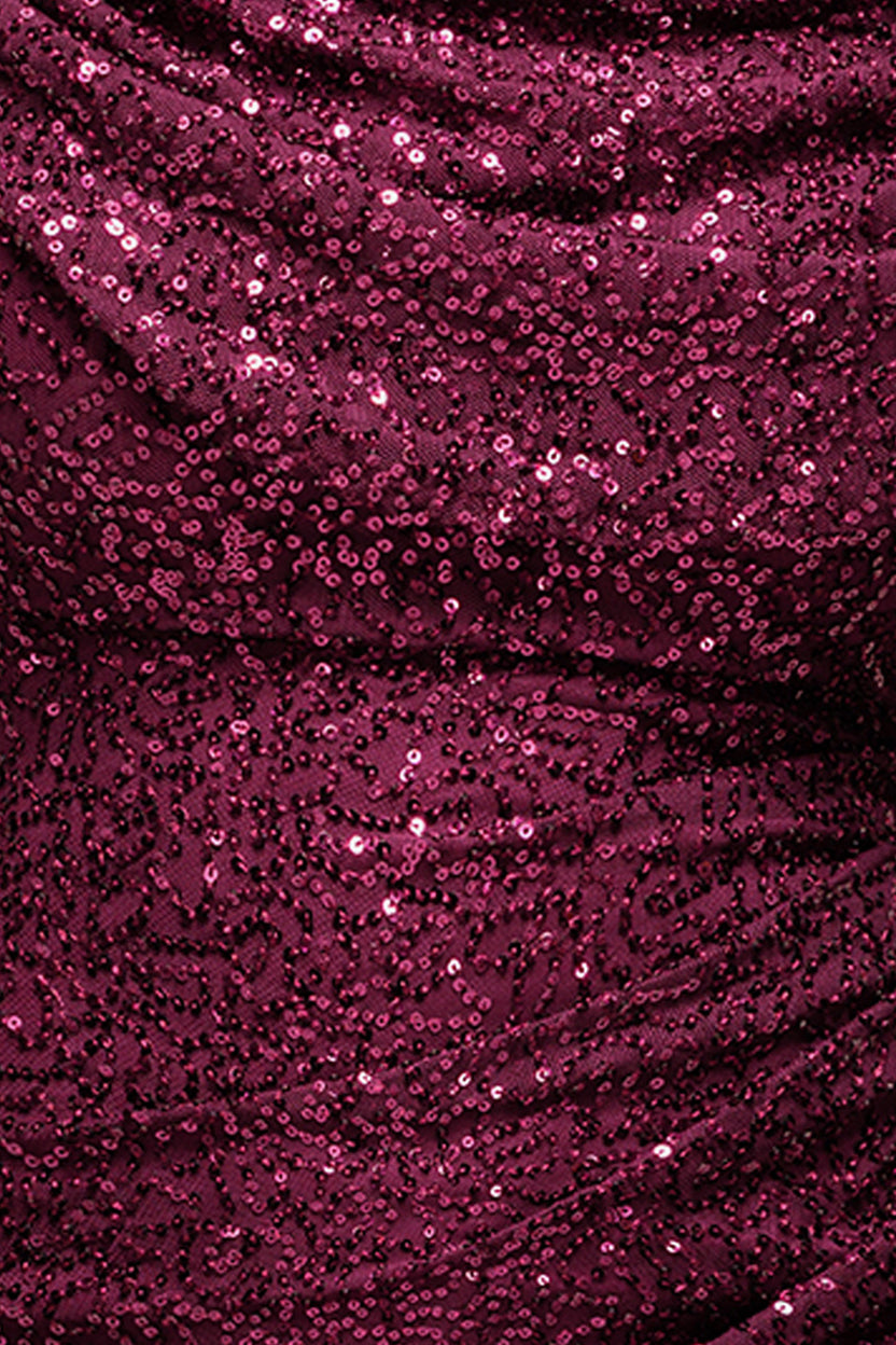 Goddiva Plus Cap Sleeve Iridescent Sequin Cowl Maxi Dress - Burgundy Red