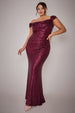 Goddiva Plus Cap Sleeve Iridescent Sequin Cowl Maxi Dress - Burgundy Red