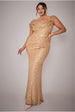 Goddiva Plus Cap Sleeve Iridescent Sequin Cowl Maxi Dress - Gold