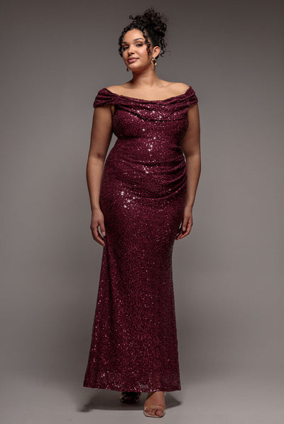 BurgundyRed - Goddiva Plus Cap Sleeve Iridescent Sequin Cowl Maxi Dress - Burgundy Red