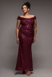 Goddiva Plus Cap Sleeve Iridescent Sequin Cowl Maxi Dress - Burgundy Red