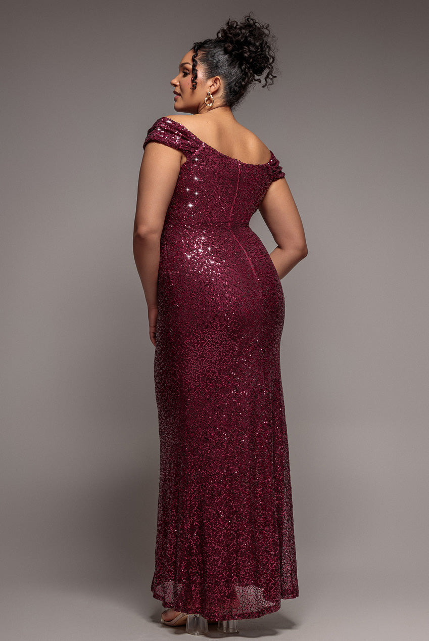 Goddiva Plus Cap Sleeve Iridescent Sequin Cowl Maxi Dress - Burgundy Red