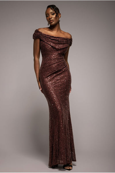 Brown - Goddiva Cap Sleeve Iridescent Sequin Cowl Maxi Dress - Brown
