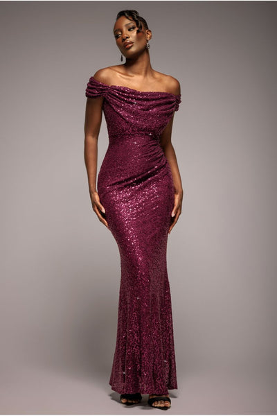 BurgundyRed - Goddiva Cap Sleeve Iridescent Sequin Cowl Maxi Dress - Burgundy Red