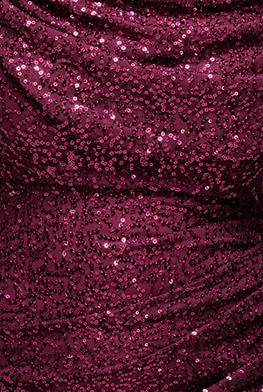 Goddiva Cap Sleeve Iridescent Sequin Cowl Maxi Dress - Burgundy Red