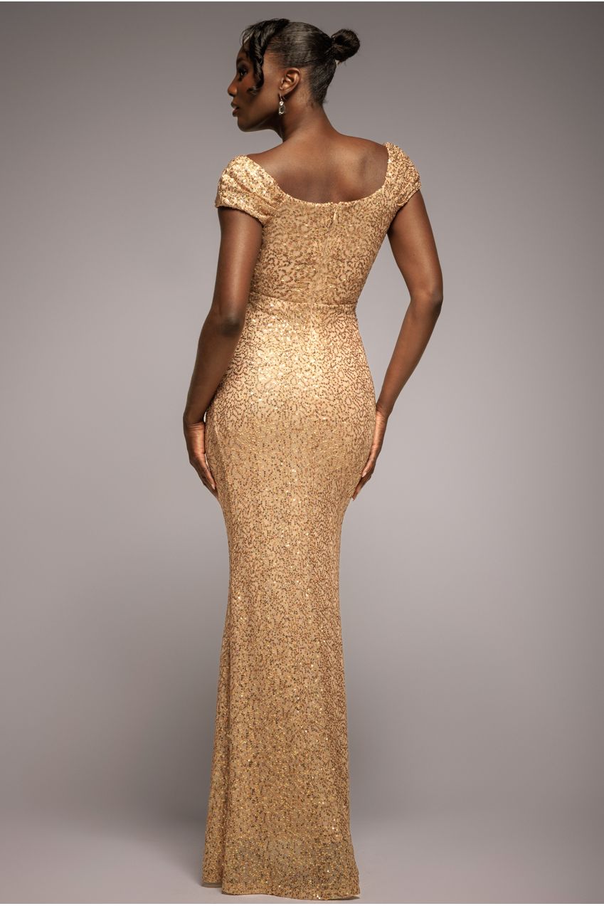 Goddiva Cap Sleeve Iridescent Sequin Cowl Maxi Dress - Gold