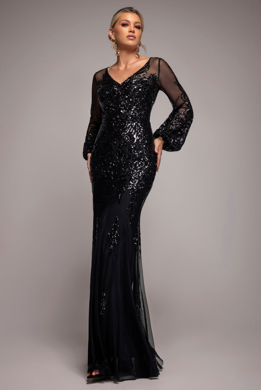 Goddiva Embellished Sequin Bishop Sleeve Maxi Dress - Black