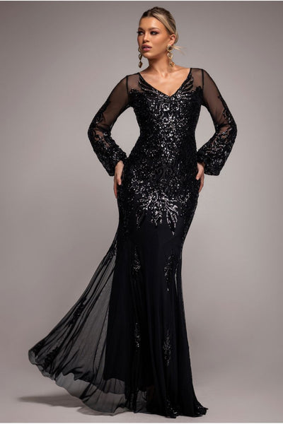 Black - Goddiva Embellished Sequin Bishop Sleeve Maxi Dress - Black
