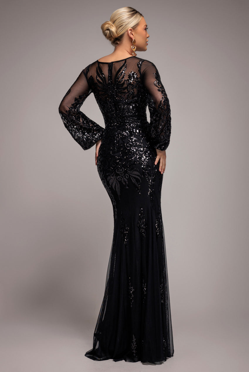 Goddiva Embellished Sequin Bishop Sleeve Maxi Dress - Black
