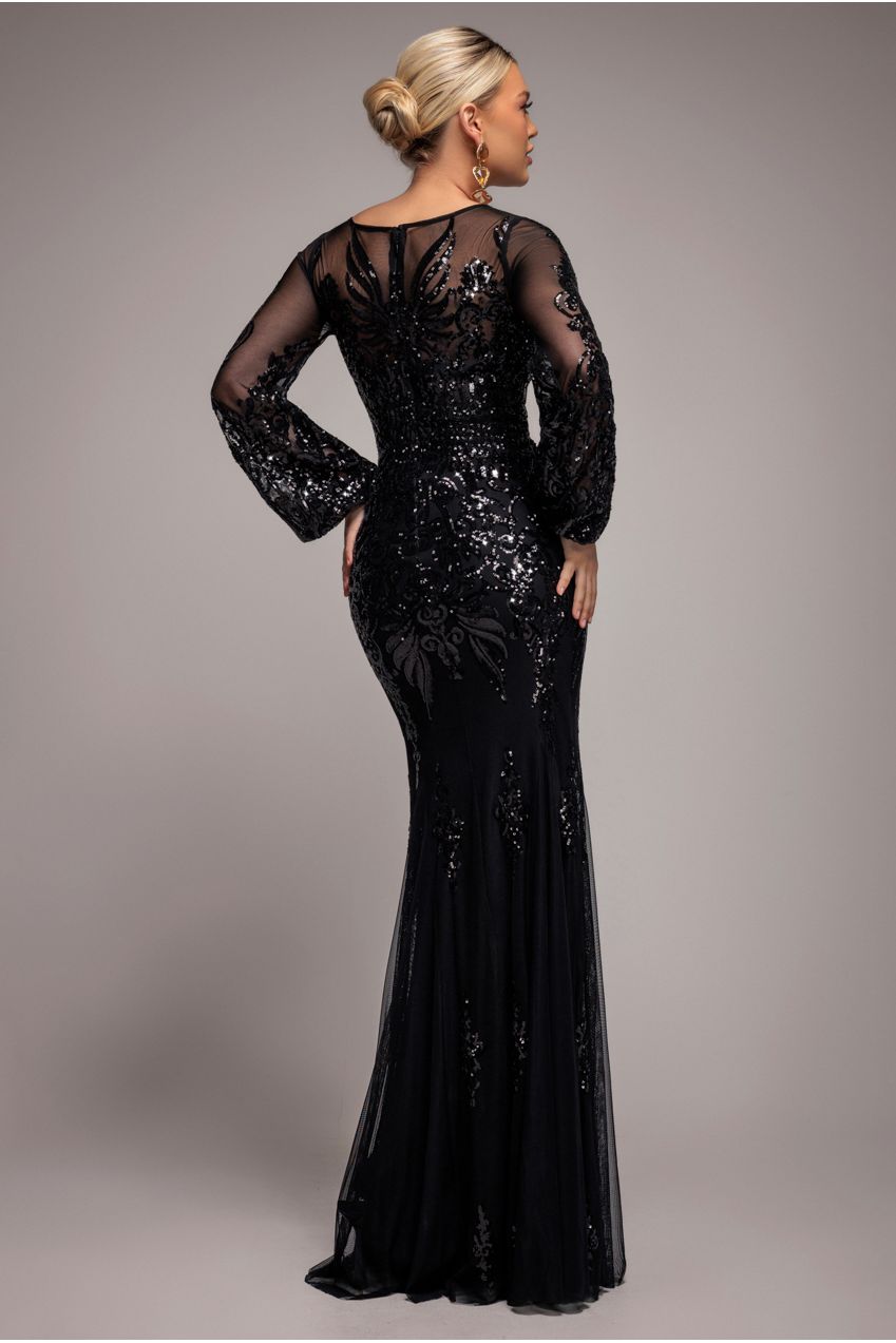 Goddiva Embellished Sequin Bishop Sleeve Maxi Dress - Black